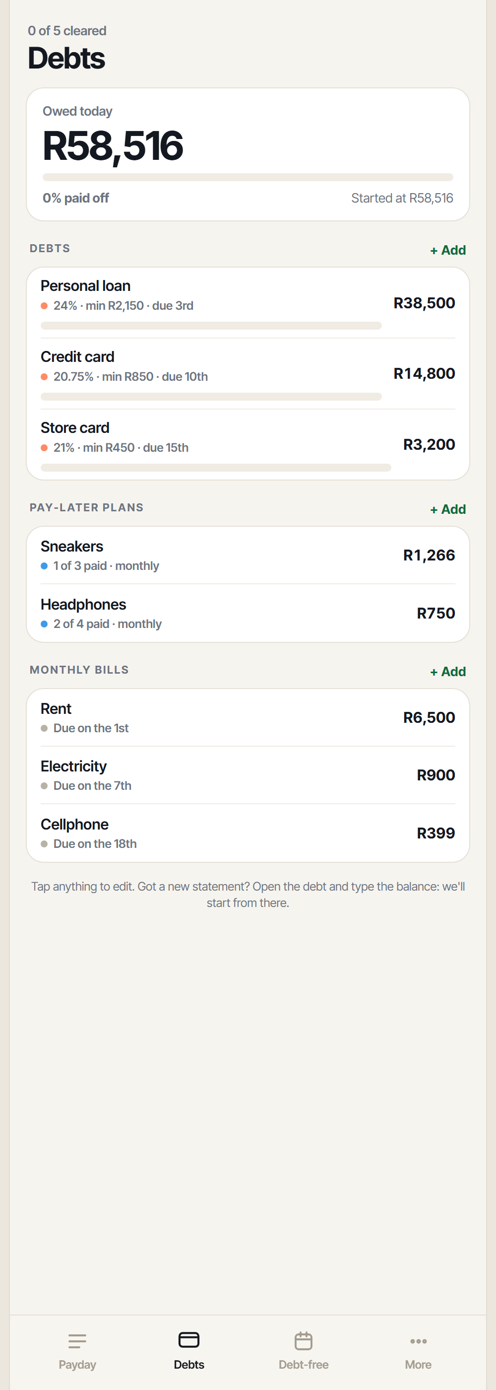 The debts screen