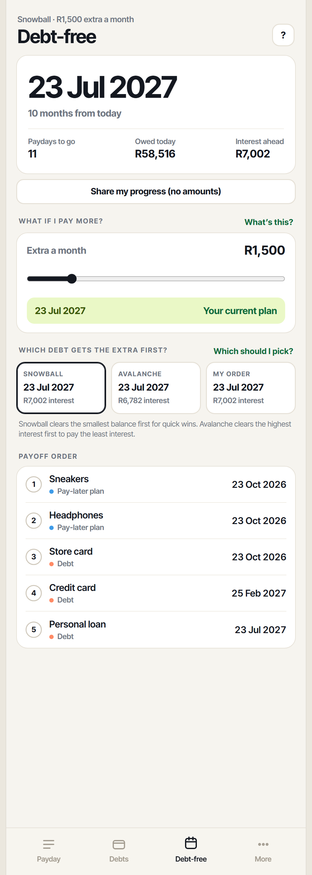 The debt-free screen showing the payoff date