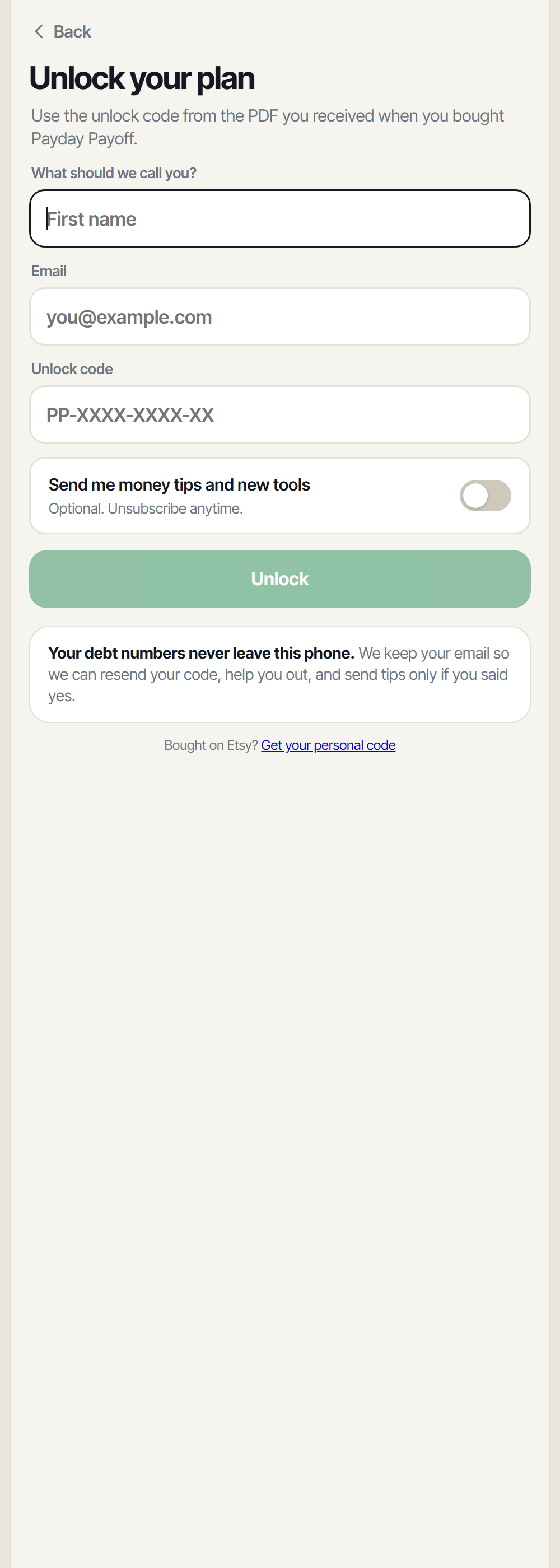 The unlock screen: name, email and your code